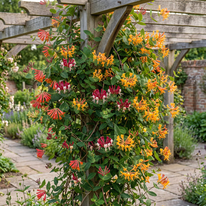 6x Lonicera Tricolour - Driekleurige kamperfoelie - Rood - Paars - Oranje - Geel - Klimplant - Ø9cm - ↕35cm