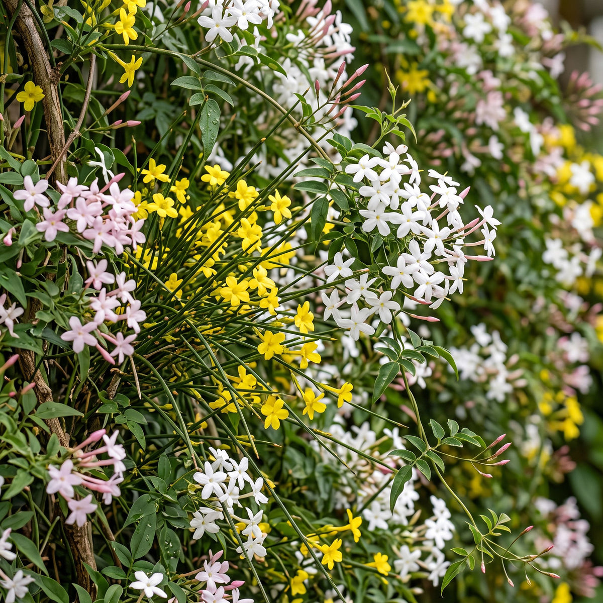 6x Jasminum Tricolour - Driekleurige jasmijn - Geel - Wit - Roze - Klimplant - Ø9cm - ↕35cm